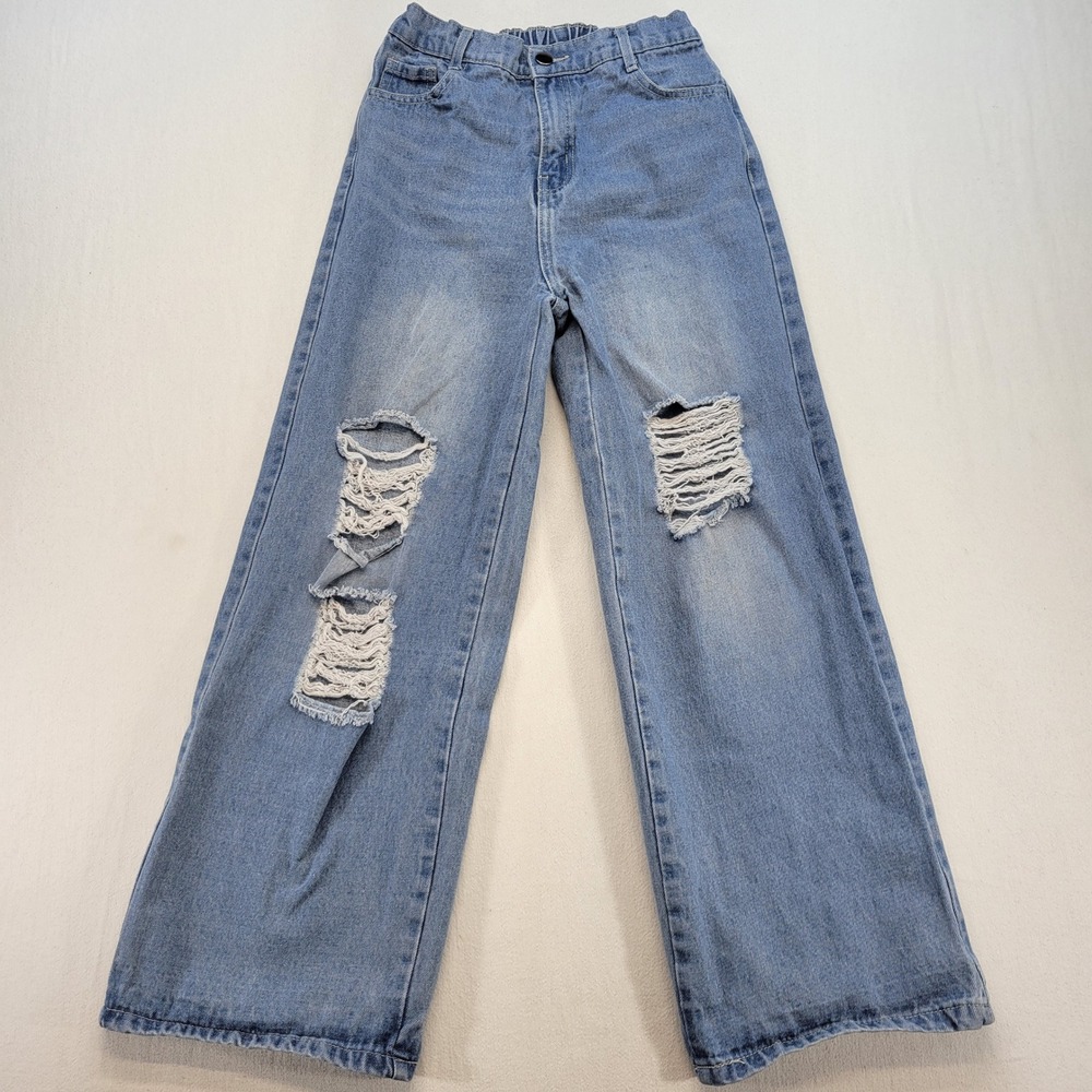 Exarus Wide Leg Jeans Kids Size 12Y Light Wash Distressed Denim